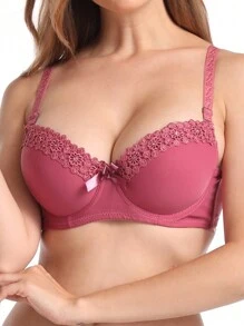 1pc Women's Thickened Padded Push-Up Bra With Lace Floral Edge In Pink, Halloween - Pink - View 1