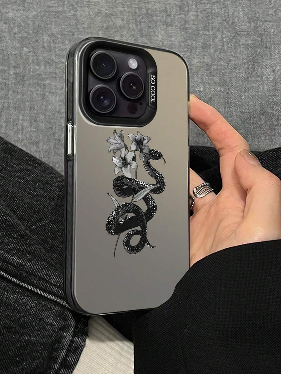 1入灰色蛇＆百合花紋手機殼 - 黑色 - 查看 1