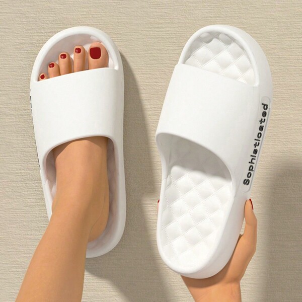 1 Pair Of White, Thick Bottom, Non-Slip, Eva Bathroom Slipper With Strap Design For Women, Suitable For Both Indoor And Outdoor Use In Summer