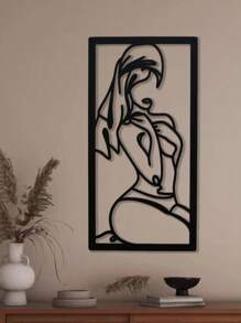 1 pièce Décoration murale artistique en métal avec lignes et courbes, représentant une femme avec une jambe pliée et une expression timide, 45x23cm, canevas, affiche