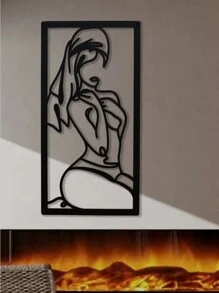 1 pièce Décoration murale artistique en métal avec lignes et courbes, représentant une femme avec une jambe pliée et une expression timide, 45x23cm, canevas, affiche