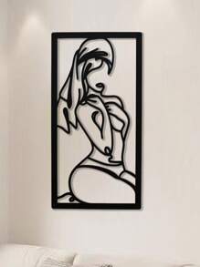 1 pièce Décoration murale artistique en métal avec lignes et courbes, représentant une femme avec une jambe pliée et une expression timide, 45x23cm, canevas, affiche
