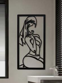 1 pièce Décoration murale artistique en métal avec lignes et courbes, représentant une femme avec une jambe pliée et une expression timide, 45x23cm, canevas, affiche