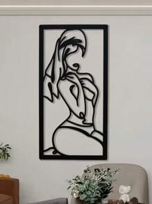 1 pièce Décoration murale artistique en métal avec lignes et courbes, représentant une femme avec une jambe pliée et une expression timide, 45x23cm, canevas, affiche