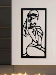 1 pièce Décoration murale artistique en métal avec lignes et courbes, représentant une femme avec une jambe pliée et une expression timide, 45x23cm, canevas, affiche