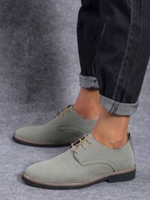 Men's Suede-Like Breathable Round Toe Low-Cut Lace-Up Low Heel Pu Leather Shoes For Casual, Everyday Wear In All Seasons