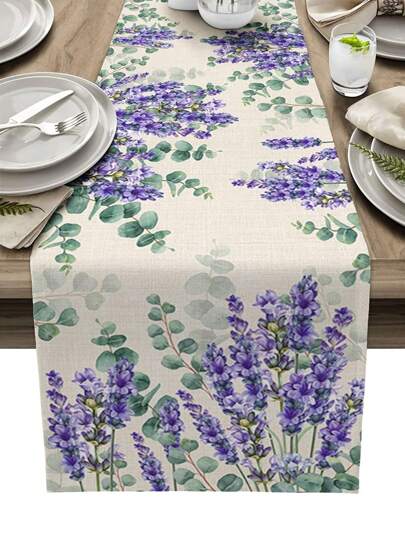 Purple Lavender Eucalyptus Green Leaves Plant Linen Table Runner For Dresser Farmhouse Kitchen Dining Room Wedding Party Decor