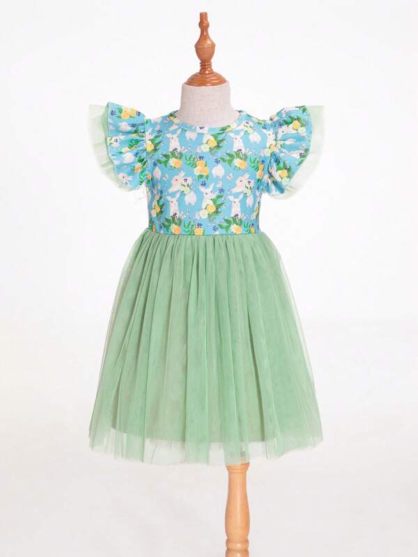 Vestido de Malha Impressa com Coelho Verde para Menina Tween com Mangas Doces com Babados, Adequado para a Páscoa e o Verão