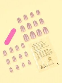 24片中性短橢圓形美甲貼，裸粉色純色/貓眼紋理，壓克力材質，可移除全覆蓋，持久耐用，含1片黏貼貼紙與1個迷你指甲锉，適合日常配戴，美甲用品 - 彩色 - 查看 2