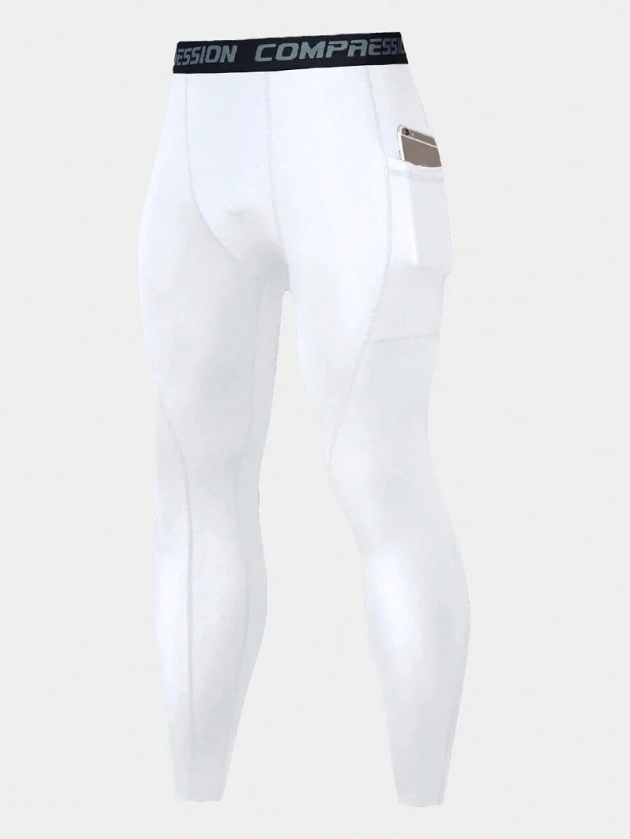 男友风男士高弹力速干压缩跑步篮球瑜伽健身长裤蓝色 - 白色 - 查看 1