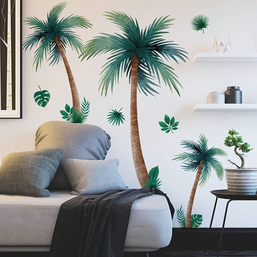 1pc Coconut Tree Wall Stickers Decor Beach Scenery - DIY Palm Tree Wall Decals For Living Room And Bedroom Home Decor,Stickers,Wall Decal,Vinly Decal For Home Decorations,Spring Decoration Items Refesh Your Home,Rama Decoration Stickers
