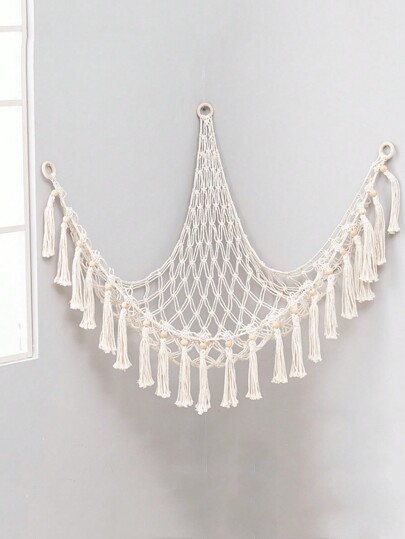 1pc Boho Stuffed Animals Net Or Hammock, Storage Corner Hanging Net Holder, Mesh Hammock Plush Toy Organizer With Tassel & Hooks For Bedroom Decor