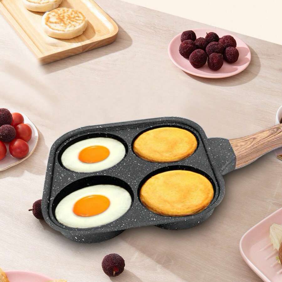 Electric Stove Flat Pan Four Hole Egg Burger Pan Breakfast Griddle Pan, Non-Stick Egg Cake, Dumpling Frying Pan For Cooking - Black - View 1