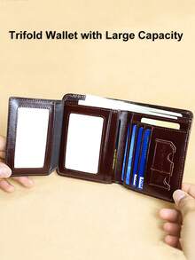 1pc Men's Genuine Leather Wallet, RFID Blocking Slim Short Wallet, Multifunction Trifold Wallet, Vintage Oil Wax Credit Card Wallet, Gifts For Men - قهوة بني - مشاهدة 8