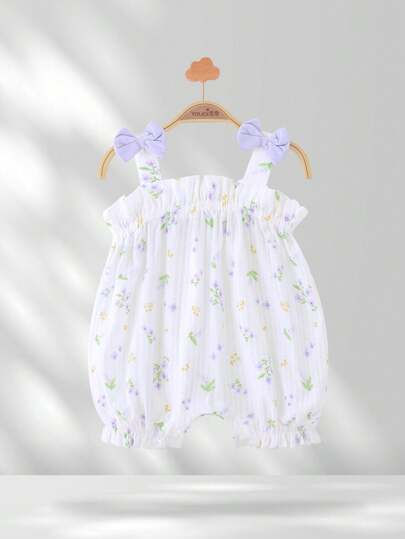 YOUQi 嬰兒女孩花卉印花細肩吊帶連身褲和短褲套裝，夏季服裝