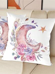 1Pc,45*45cm EID Moon, Flowers Pattern Peach Plush Skin Pillowcase (Without Pillow Core) Sofa Decoration