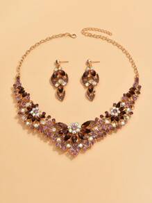 Fashionable Wedding Full Rhinestone Jewelry Set, Including High-End Necklace And Earrings, In Blue And Red - 984 Golden Grape Seed Set - View 4