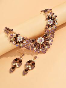 Fashionable Wedding Full Rhinestone Jewelry Set, Including High-End Necklace And Earrings, In Blue And Red - 984 Golden Grape Seed Set - View 2