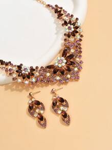 Fashionable Wedding Full Rhinestone Jewelry Set, Including High-End Necklace And Earrings, In Blue And Red - 984 Golden Grape Seed Set - View 3