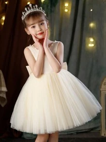 香槟色珍珠装饰蝴蝶结后背深 V 圣诞派对公主裙,适合年轻女孩,适合生日派对、婚礼、舞台表演、节日庆典 - 香檳色 - 查看 4