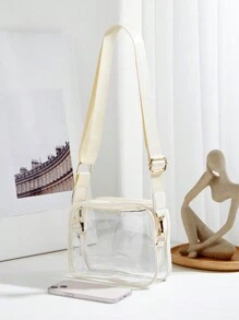 1入流行PVC透明果凍袋，搭配肩帶和拉鍊設計，適用於日常生活和海灘使用，全年適用。可容納手機、鑰匙、口紅、紙巾、糖果和巧克力等物品。是禮物的極佳選擇。符合場館要求的12*12*21透明清晰手袋，適用於音樂會、體育賽事和節日活動 - 米色 - 查看 5