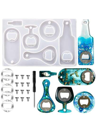 Molde de silicona para abridor de botellas de cerveza, molde de resina epoxi para el proceso de joyería DIY, juego de llave de cerveza con destornillador y parche para hacer abridor de botellas de cerveza y llavero
