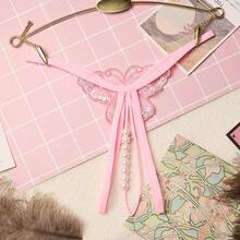 1件女士性感閃亮刺繡珍珠開襠透明網眼g弦褲,低腰設計 - 粉色 - 查看 3