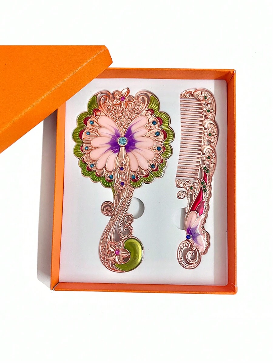 1pc Vintage Mirror Comb Set, Handheld Vanity Mirror, Cosmetic Handle Mirror With Comb, Portable Makeup Mirror, Ideal Mirror Comb Set For Gift,Makeup,Cheap,Room Decor,Vanity,Travel,Bedroom,Makeup Accessories,Mirror,Vanity Mirror - Multicolor - View 1