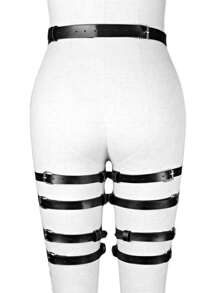 1個女士黑色pu皮革四層腿部限制,腰部束帶,吊襪帶,舞蹈服裝配件