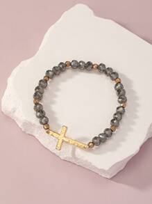 1pc Fashionable Simple & Versatile Car Wheel, Glass, Metallic Cross Beaded Bracelet - Beaded Bracelet - View 3