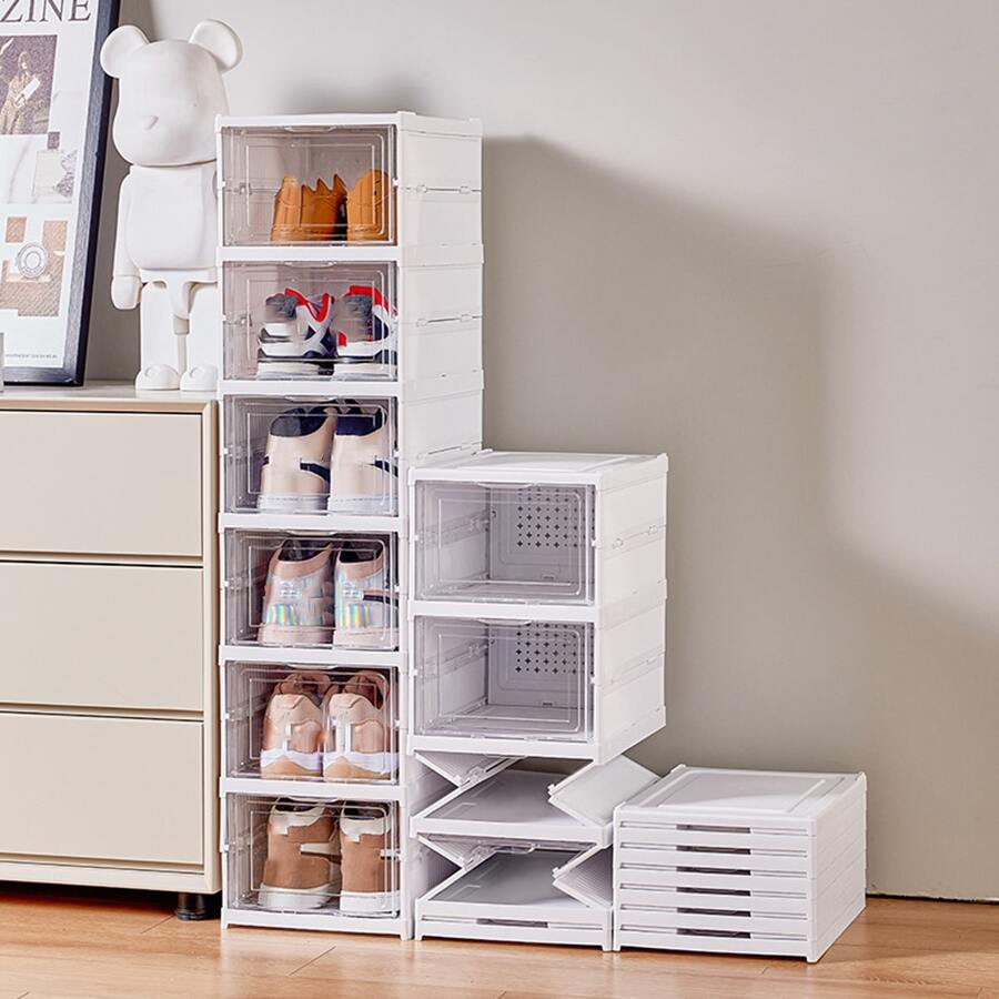 6 Pieces/Set Stackable Clear Plastic Shoe Boxes, Closet Shoe Organizer, Modular Shoe Storage Containers, White Plastic Shoe Storage - Clear - View 1