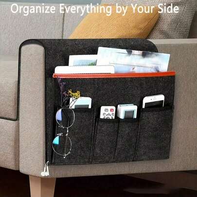 1pc Felt Bedside Storage Bag, Sofa Remote Control Bag, Armchair Storage Bag, 5 Pockets For Storing Magazines, Tablets, Mobile Phones, Headphones Bedside Remote Control Hanging Bag, Dormitory Felt Bedside Hanging Organizer