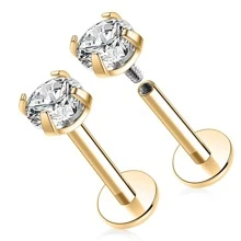 2pcs Stainless Steel  Internal Thread Labret Ear Studs Piercing Jewelry CZ Cartilage Helix Tragus Nose Earrings For Women Lip Stud - Gold - View 12