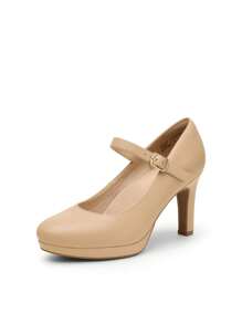 Women's High Heels Mary Jane Pumps Round Close Toe Elegant Classic Comfortable Low Platform Office Work Dress Shoes - Apricot - View 6