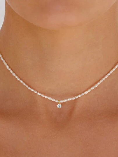 1 件珍珠链宝石锆石 S925 纯银项链女式夏季装饰精美项链