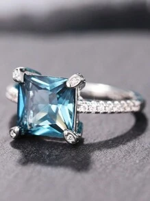 1個女性專用方形藍色立方氧化鋯戒指,優雅時尚,適合日常佩戴和其他場合 - 銀色 - 查看 3