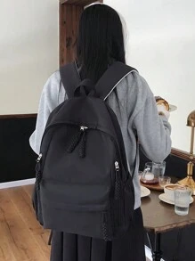 女学生简约风格背包，大容量书包，纯色双肩背包，校园理想之选，时尚背包，学校包，书包，书包，便携式，笔记本电脑隔层，大容量，适合青少年女孩女大学生、大学、中学、高中、户外、旅行、郊游、小学、办公室、返校用品 - 黑色 - 查看 2