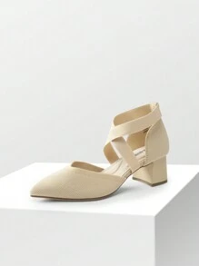 Women's Pointed Toe Chunky Heels Pumps Knitted Closed Toe Comfortable Fashionable Classic Holiday Work Dress Shoes - Màu be - Xem 2