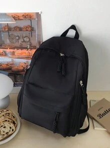 女学生简约风格背包，大容量书包，纯色双肩背包，校园理想之选，时尚背包，学校包，书包，书包，便携式，笔记本电脑隔层，大容量，适合青少年女孩女大学生、大学、中学、高中、户外、旅行、郊游、小学、办公室、返校用品 - 黑色 - 查看 3