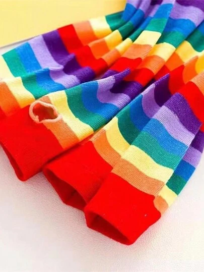 1 Pair Cosplay Colorful Half Finger Gloves Rainbow Striped Arm Sleeves Sun Protection For Dancing, Outing And Leisure, Spring, Autumn And Summer