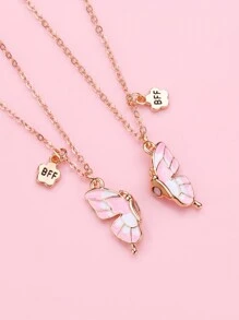 2入組女孩蝴蝶和動物造型鋅合金項鍊套裝，粉藍色