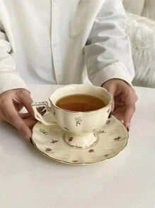 1 Pezzo Tazza da caffè e piattino in ceramica semplice e floreale, coppia di tazze di lusso leggere per uso domestico e in ufficio, per il tè del pomeriggio, adatto come regalo e decorazione per occasioni speciali