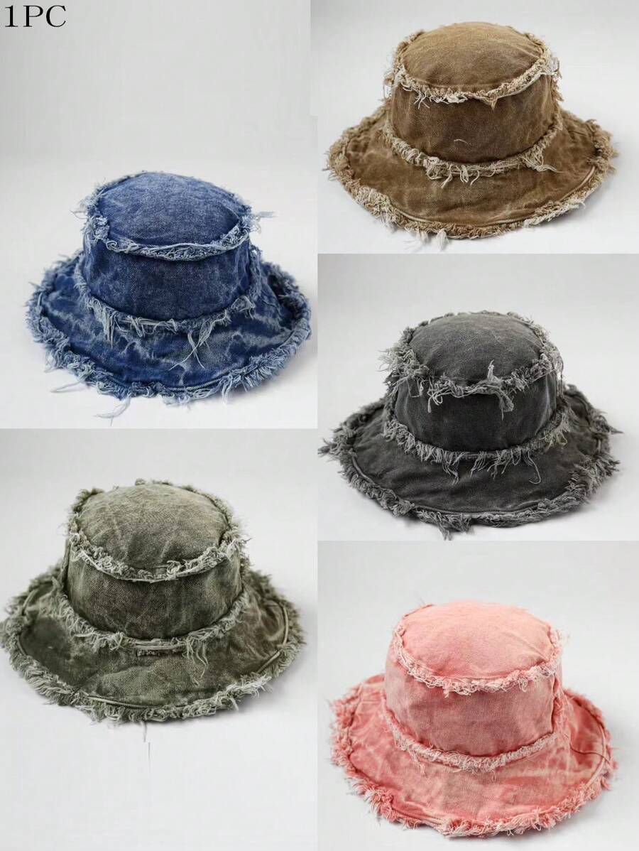 1pc Unisex Multicolor Washed Vintage Edge Double-Sided Casual Fashionable Personalized Bucket Hat Suitable For Everyday Outdoor Beach Vacation Street Travel