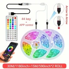 100 英尺（2 卷 50 英尺）卧室 LED 灯带，带 44 键遥控器的智能绳灯，RGB 变色音乐同步 LED 灯带，手机应用程序控制卧室、客厅、家庭圣诞派对装饰用 LED 绳灯
