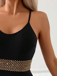 One-Piece Black Swimsuit With Gold Weave Detail For Summer Beach - Black - View 5