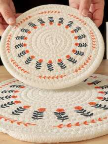 1pc Cute Floral Pot Holder, Thick Round Hand-Woven Heat Insulation Pad, Table Mat, Bowl Coaster
