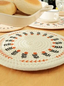 1pc Cute Floral Pot Holder, Thick Round Hand-Woven Heat Insulation Pad, Table Mat, Bowl Coaster