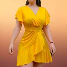 V-Cut Ruffle Dress - イエロー - チェックする 3