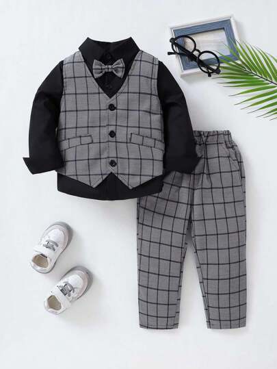 3pcs/Set Boys' Formal Outfit, Long Sleeve Shirt, Vest And Pants Suit, Gentleman Style Dress For Holiday