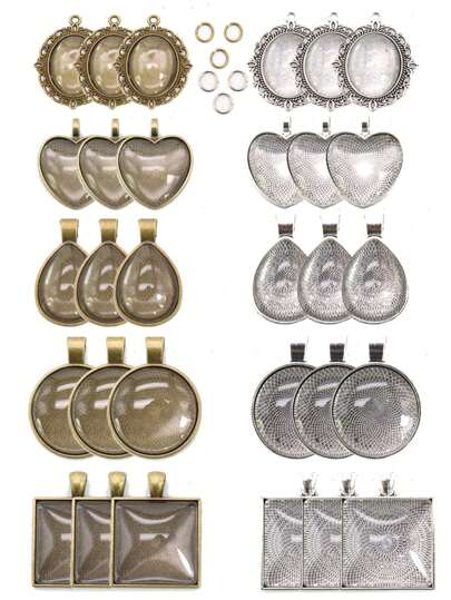 66pcs Pendant Trays, Blank Bezel Frame Pendant Trays With Glass Cabochons, Ideal For Pendant And Jewelry Making, 5 Different Styles, Great Gift Choice